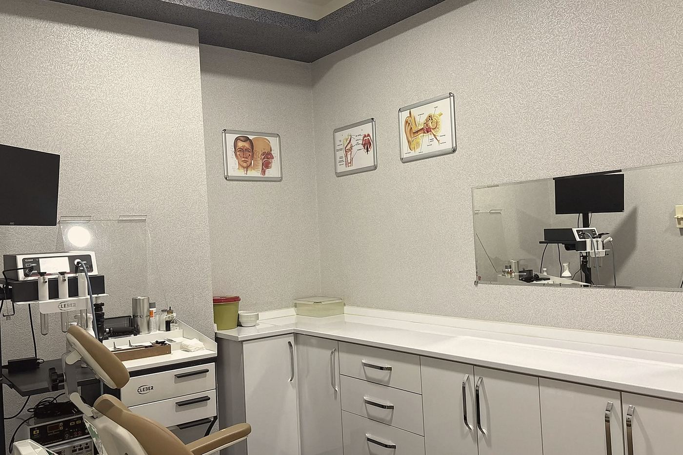 KBB muayene ünitesi, endoskopi monitörü ve duvarda kulak ile burun anatomisi çizimleri